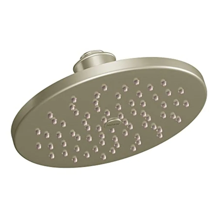 Rainshower showerhead for bathroom use, brass construction, brushed nickel finish, Immersion Technology for enhanced water cove