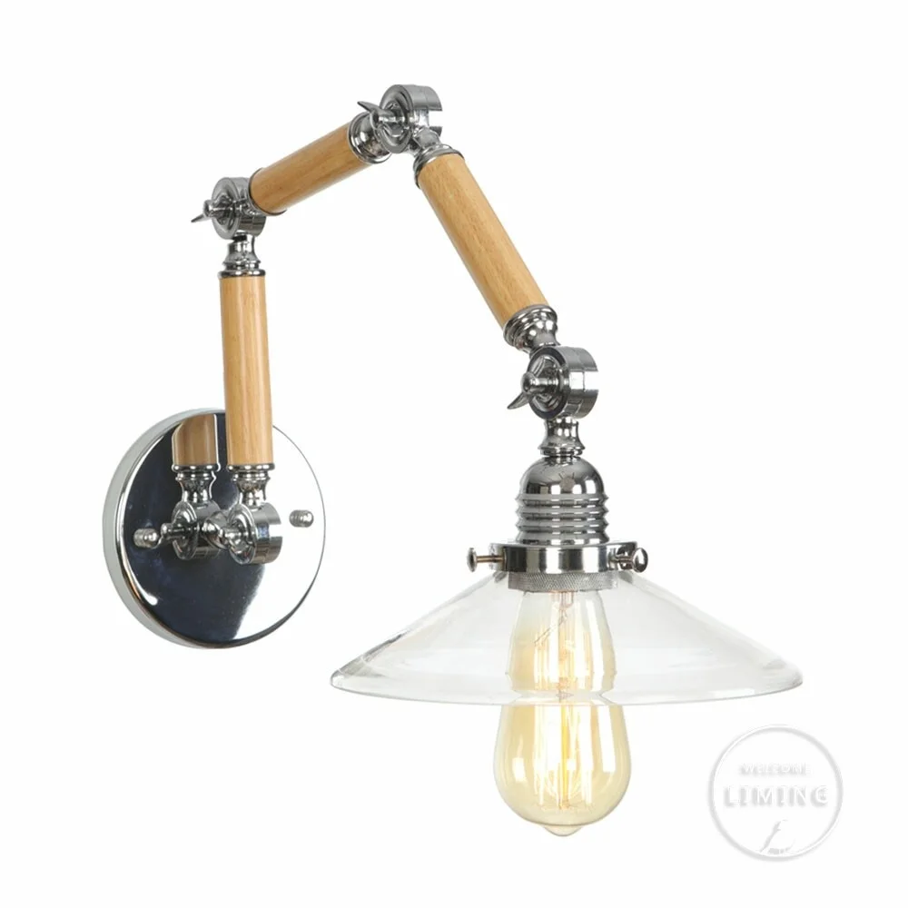 Wooden Vintage Adjustable Swing Arm Wood Glass/white Wall Lamp E27 Led Modern Light Decorative Workroom Bedroom Living Room Bar