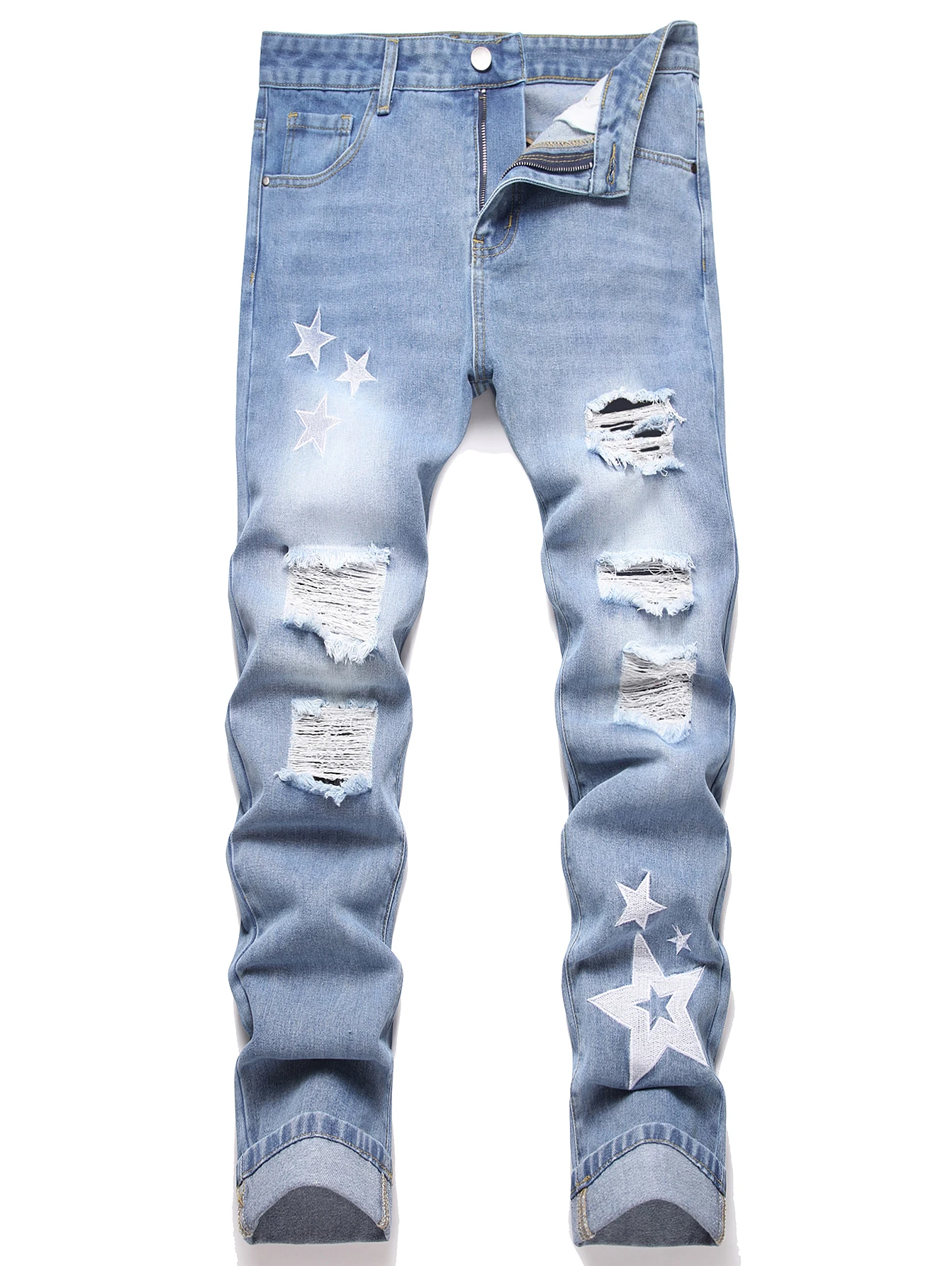 Y2K Men's Jeans - Distressed Rips & Embroidered Star Design