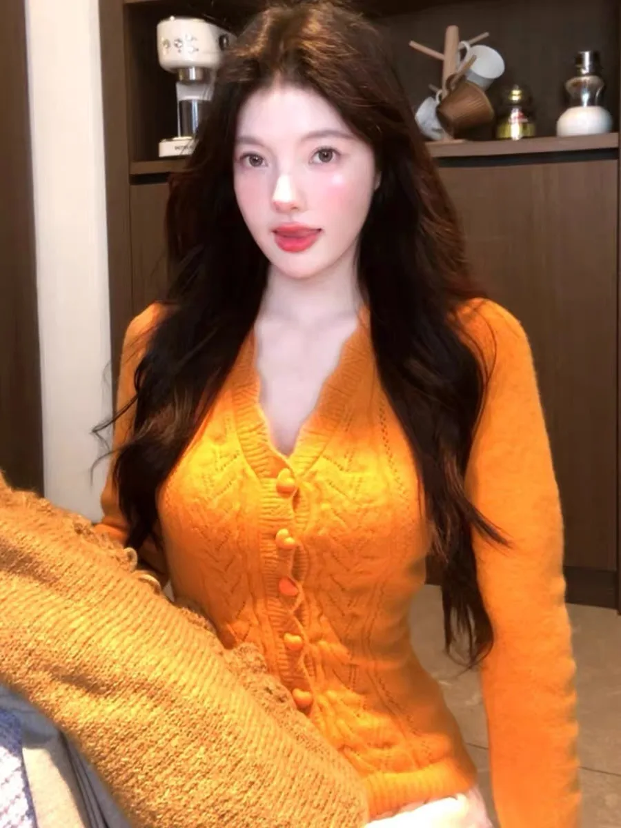 

Оранжевый вязаный свитер Dopne V-Ne, облегающий женский модный топ ранней осени, уникальный красивый хлопковый длинный свек