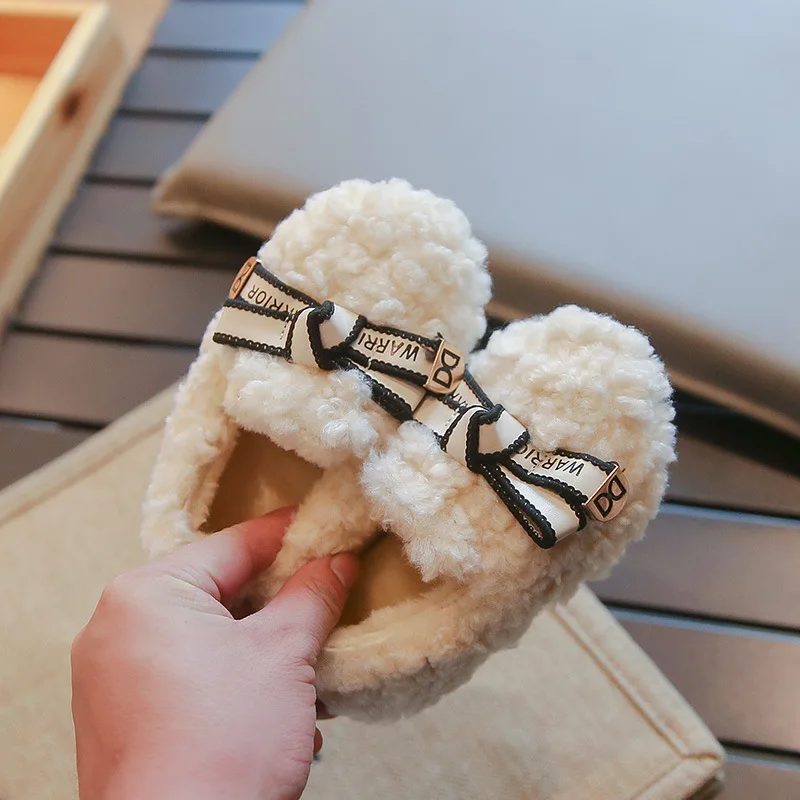 

Autumn Winter Children Cotton Shoes Girls Thickened Soft Soled Plush Shoes Children Plush Warm Bow Letter Princess Beanie Shoes