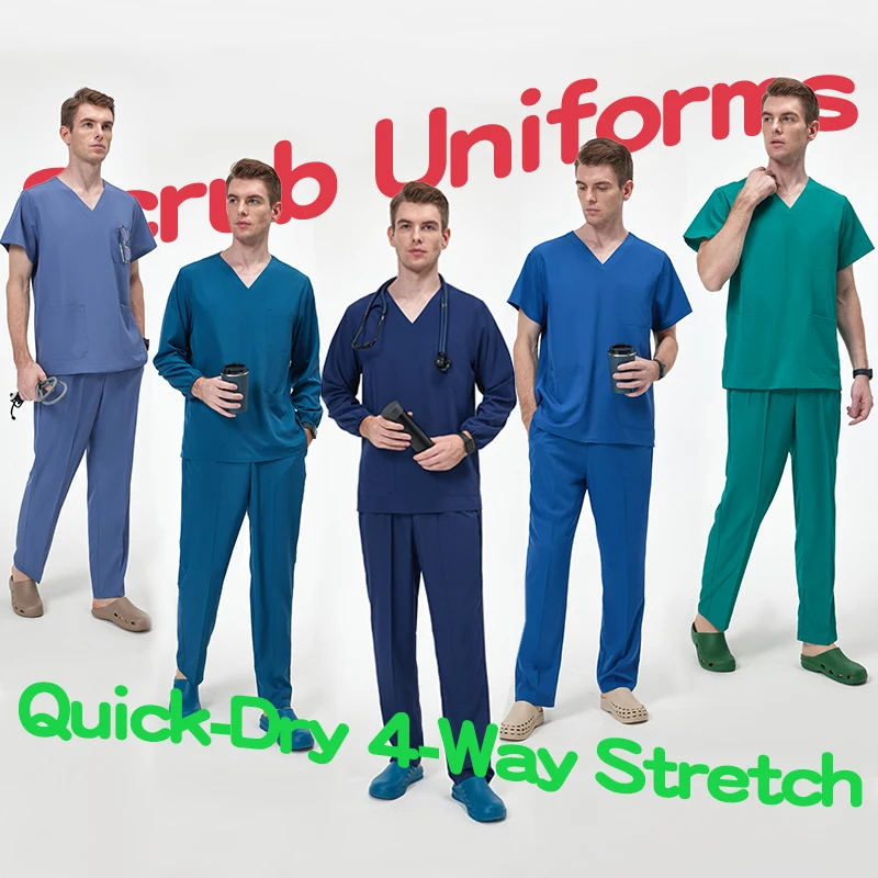 STRETCH Fabric Medical Scrub Set Hospital Operating Room Workwear Dental Clinic Nursing Suits Quick Dry Surgical Outfits Men S11