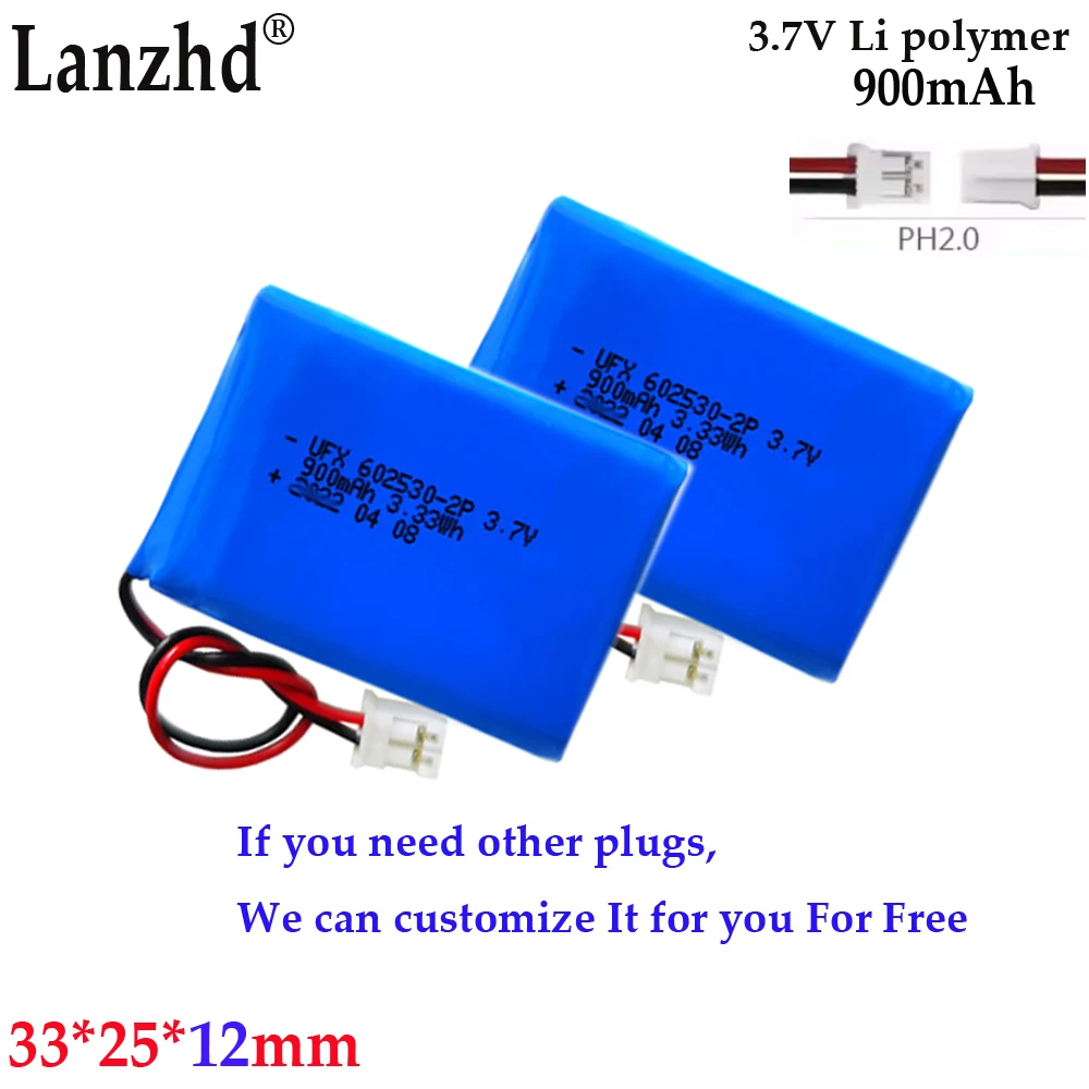 1-12 1S2P Li polymer lithium battery 3.7V For induction speaker visual door lock battery 602530 900mAh with PH 2.0 plug
