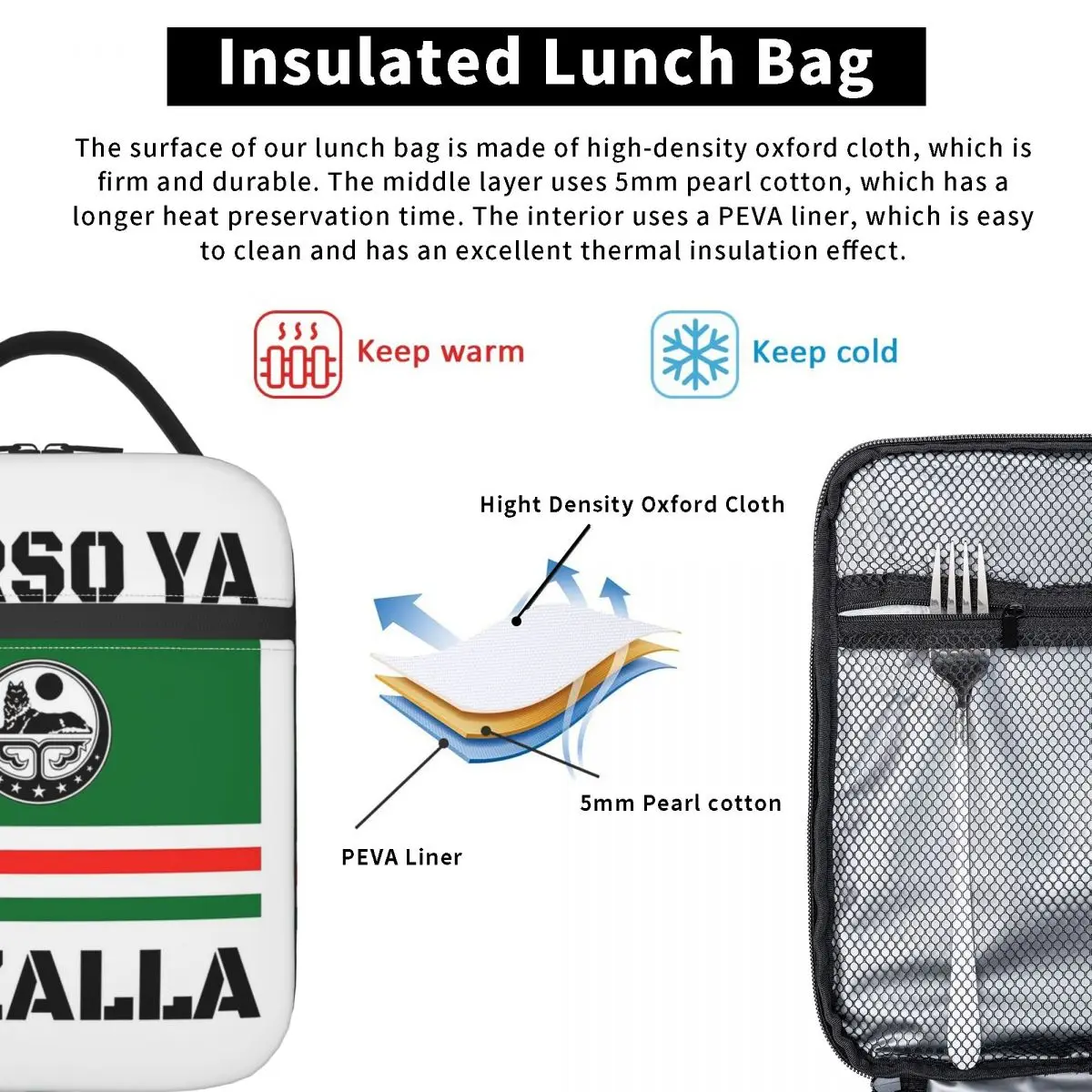 Marso Ya Jozalla Ichkeria Flag Insulated Lunch Bag for Women Kids Portable Food Boxes Thermal Lunch Box Tote