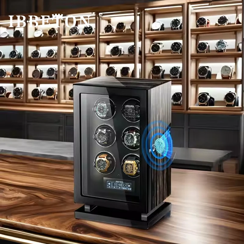 

IBBETON High quality fingerprint Japan motor led watch winder wooden gyro watch winder security safe box watch winder