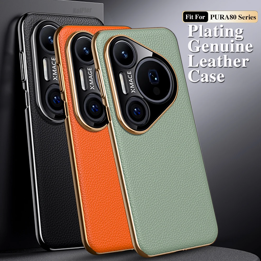 

Original Leather Case For HUAWEI PURA 80 PRO PURA80Ultra Plating Genuine cowhide Lichee Pattern Protection Shockproof Hard Cover