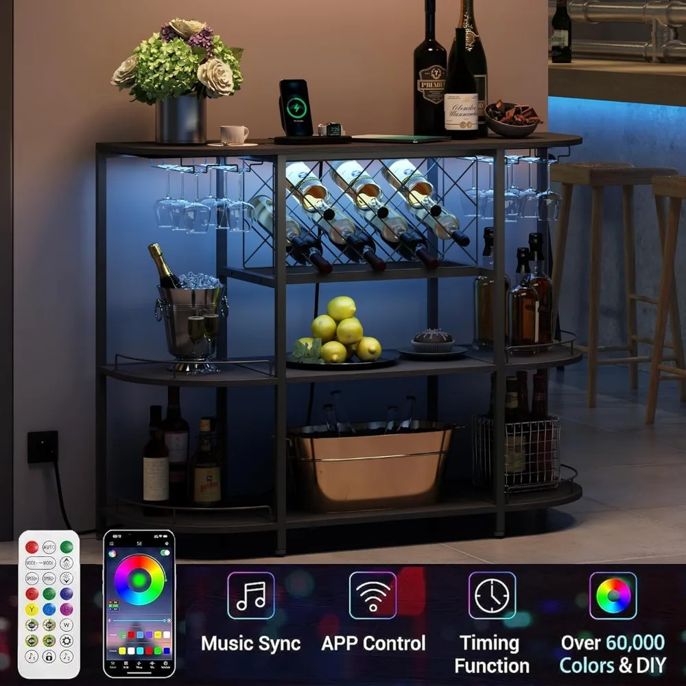 Coffee Table with Power Socket and LED Light, Three Tiers Coffee Bar Table Wine Rack Liquor Bar with Large Storage