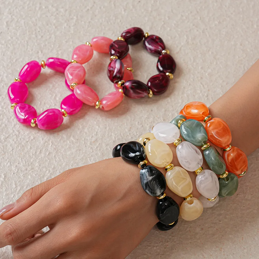 Trendige bunte marmorierte unregelmäßige ovale Perlen elastische Armbänder Boho Harz geometrische Perlen Armreifen Armband 2026 Modeschmuck – Detail 6