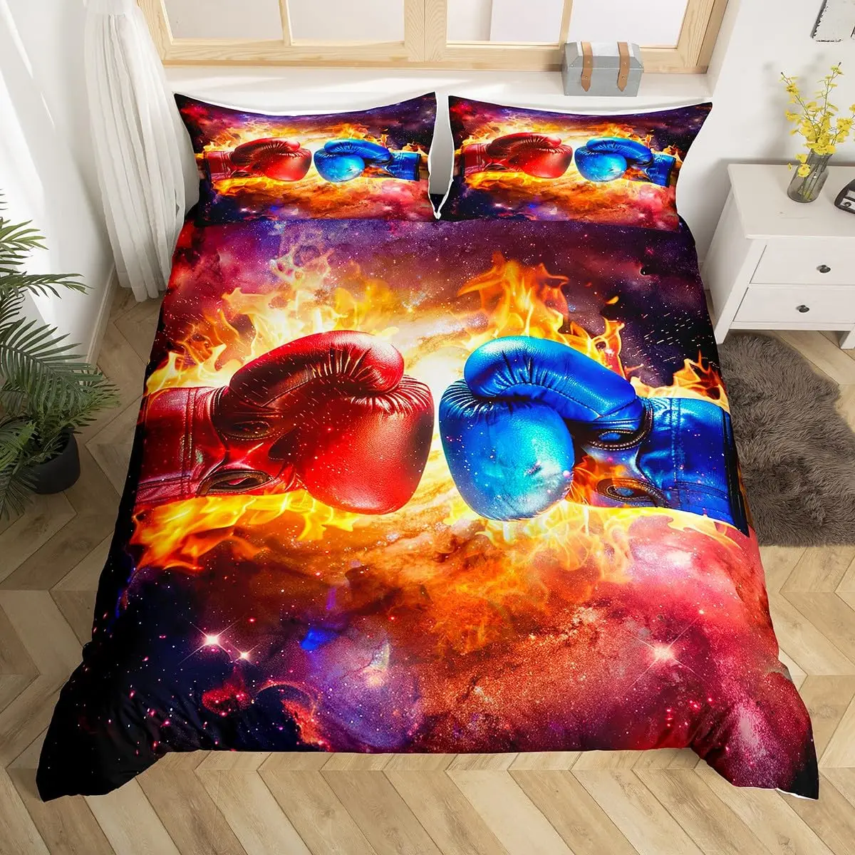 Boxing Sport Duvet Cover Set Golden Boxing Gloves Comforter Cover Kids Boys Teens Yellow Fire Print Duvet Covers with Pillowcase