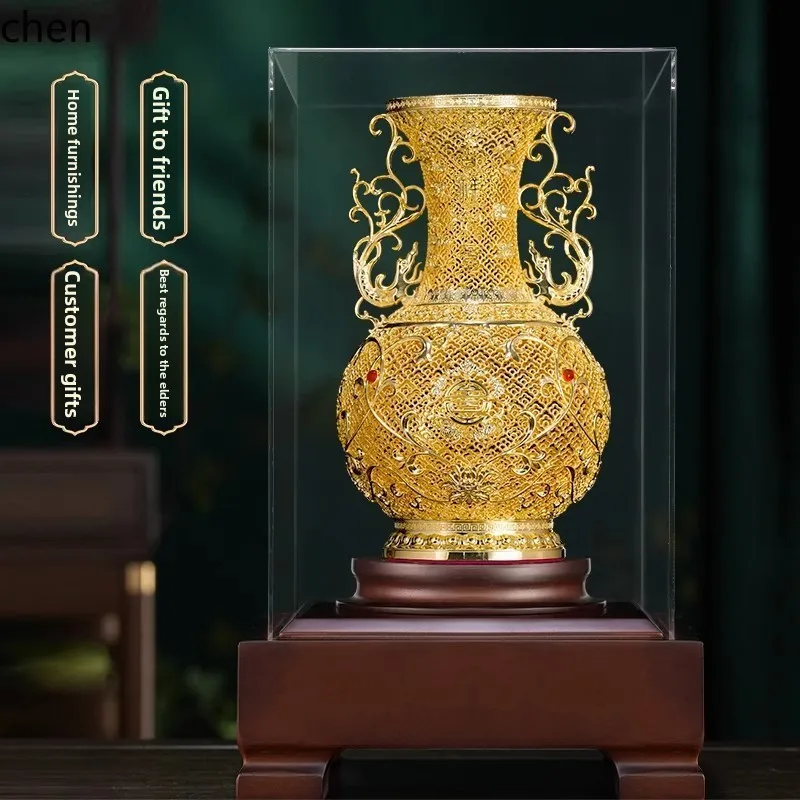 ZML Filigree Vase Living Room Entryway Study Office Decoration All-Copper Ornament New Chinese Style Desktop Housewarming Gift