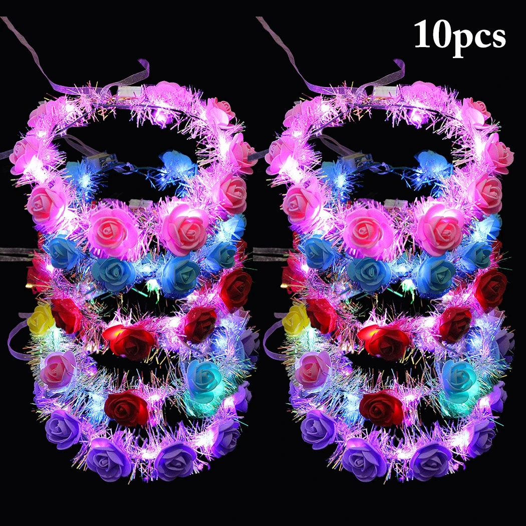 10PCS LED Flower Crown Fairy 14-LED Light Up Hair Wreath Party Floral Headpiece Hair Band Birthday Wedding Luminous Headband