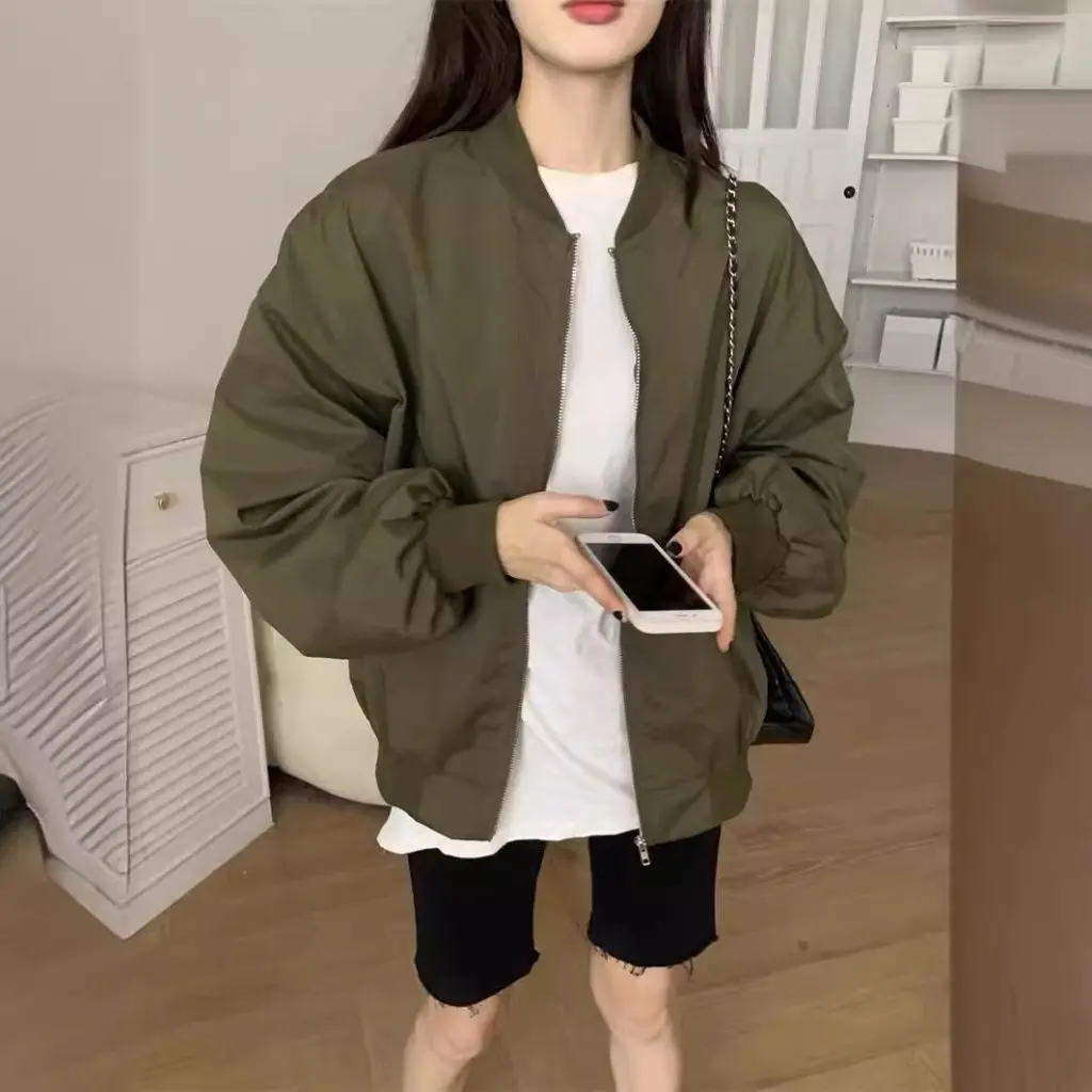 

Women's Korean Style Retro Stand Collar Casual Loose Baseball Uniform Jacket Spring Trendy Thin Workwear Coat