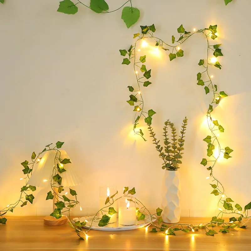 

Battery Operated Artificial Green Leaf Garland Lights, Hanging LED Fairy String Lamps for Wedding, Indoor Outdoor Hanging Decor