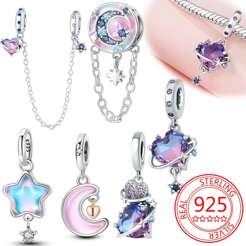 Breloques Pandora en argent regardé 925 pour femme, pendentif coeur violet, lune, planète, perles, bracelet original, bijoux