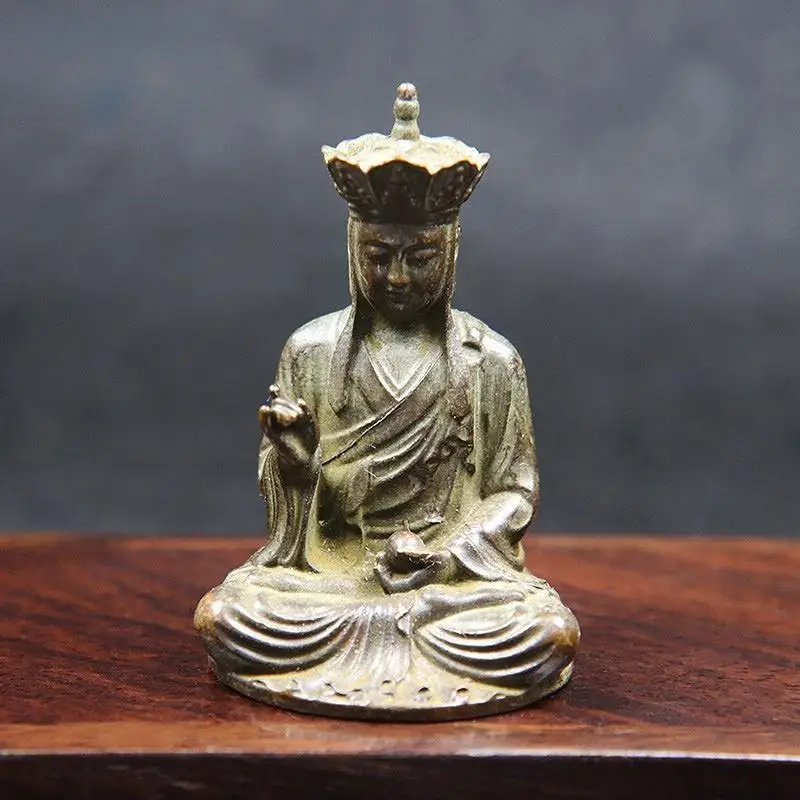 Antike Kupfer-Ksitigarbha-Buddha-Statue, Kleine Desktop-Verzierung, Vintage Glücksbringer für Zuhause, Handgefertigtes Glaubensobjekt – Detail 1