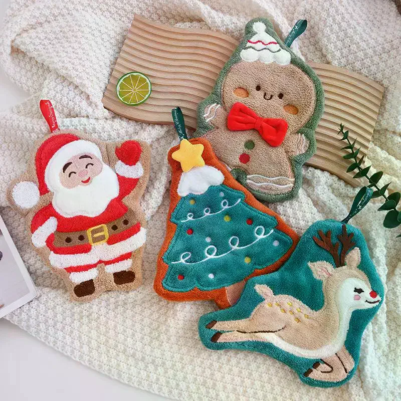 

Рождественские полотенца Санта-Клауса из кораллового флиса, водопоглощающие быстросохнущие полотенца для рук, елочный колокольчик, кухня, ванная комната