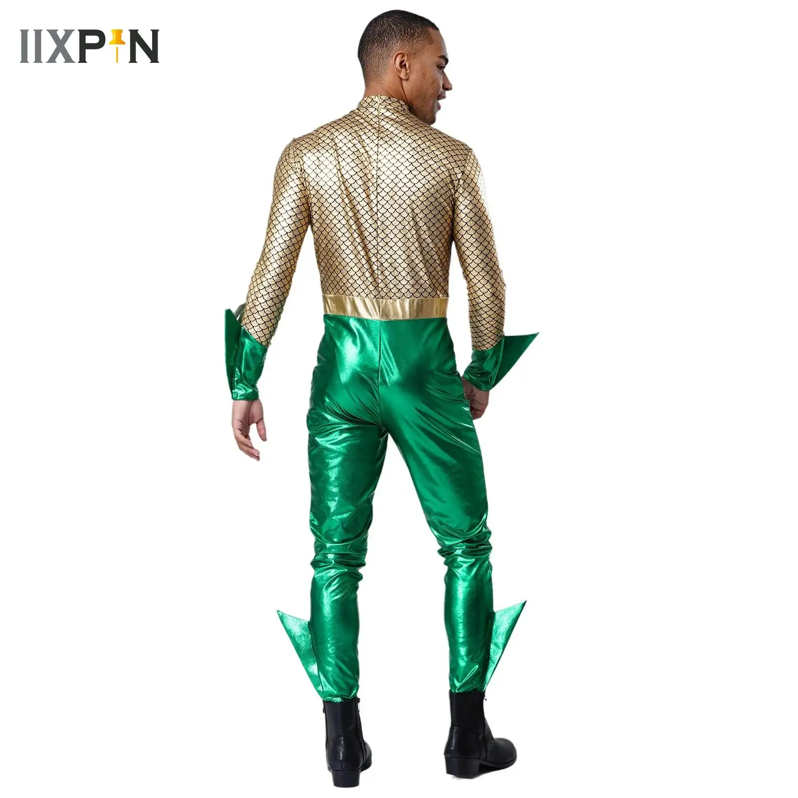 

Mens Movie Cosplay Jumpsuit Fish Scale Print Metallic Shiny Long Sleeve Unitard Rompers for Halloween Cos Masquerade Party