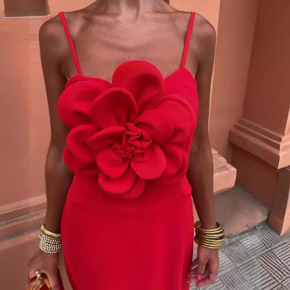 Handmade Ice Silk Pleated Long Evening Gown Women's Dr with Large Flower Design Svel Spring Season Faion