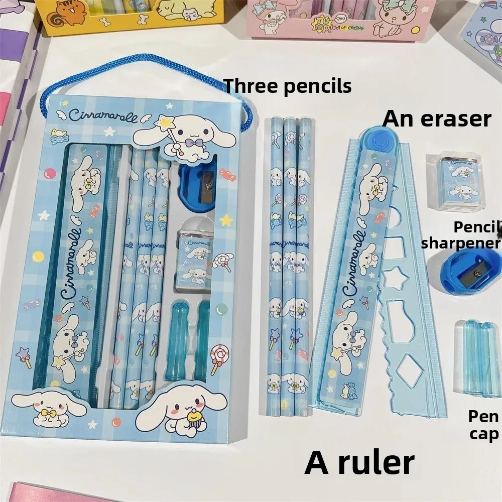 Zestaw artykułów papierniczych w stylu Sanrio, urocze postacie z kreskówek, gumki do mazania i temperówki, pudełko prezentowe, nagroda dla ucznia.