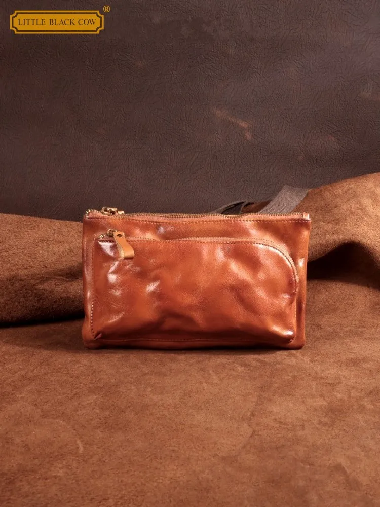 

Retro Handmade Men Genuine Leather Solid Color Zipper Fashion Cowskin Fashion Chest Bag Motorcycle Single Shoulder Crossbody Bag