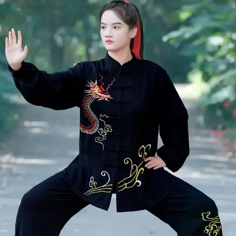 Di alta Qualità Tai Chi Vestiti Delle Donne Degli Uomini Ricamato Drago Kung Fu Camicia Wushu Uniforme Autunno Nuovo Tang Vestito Wing Chun Costume 3XL