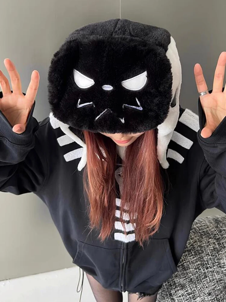 Y2K موضة الأسود Daijin القط و Sadaijin القطط رائجة البيع الرجال الشتاء المرأة قبعة الصياد قبعة إيرفلاب قبعة وقبعة مع غطاء للأذن