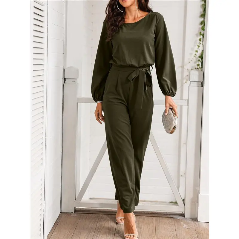 จั๊มสูทผู้หญิง CYL แขนยาว มีเข็มขัด กางเกงขายาวทรงกว้าง ชุดรอมเปอร์ ชุดไปงานแต่งงาน สีเขียวทหาร ไซส์ S