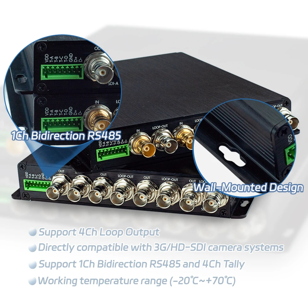 4CH HD/3G-SDI Fiber Optical Transceiver with Loop Output RS485 Tally SDI Over Fiber Converter Optic Extender Single Mode 20km