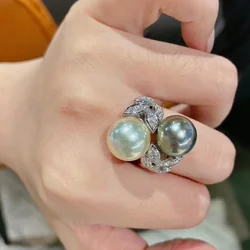 MeiBaPJ 9-10mm Natural Peacock Blue Round Pearls Fashion Ring DIY 925 Sterling Silver Holder Fine Wedding Jewelry for Women