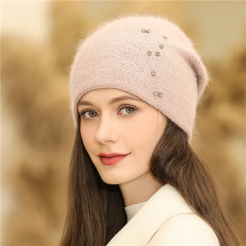 New Women Winter Hat Fashion Decorate Beanie Hat Rabbit Fur Blend Warm Winter Cap for Female Casual Streetwear Knitted Hat