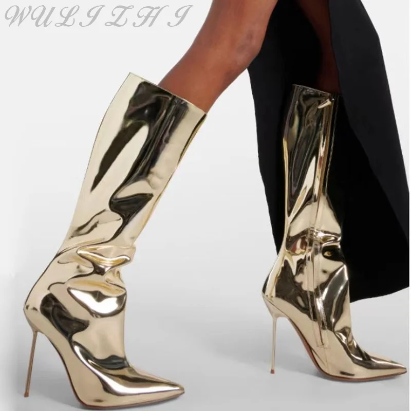 

Mirror Patent Leather Stiletto High Heel Gold Long Boots Women Fashion Catwalk Pointed Toe Zipper Knee High Boots Modern Botas