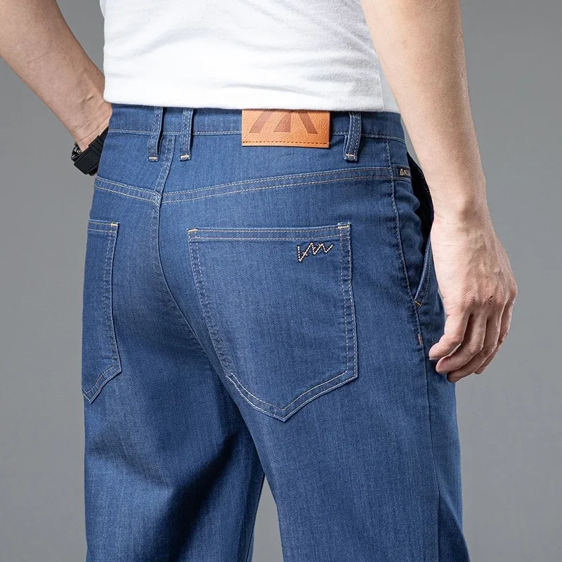 2026 New Men's Thin Jeans Soft Elastic Cotton Retro Washed Denim Pants Fashion Blue Gray Business Straight Trousers