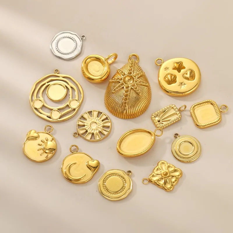 Vintage Medallion Charm Pendants Gold & Silver Plated Sun Moon Oval Square Blank Bezel Frame For Handmade DIY Jewelry Supplies