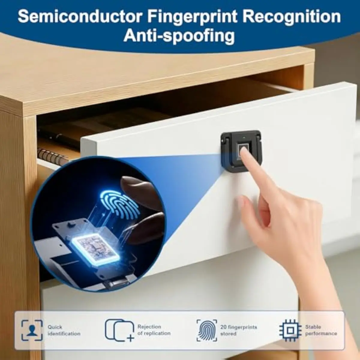 Smart Fingerprint Drawer Lock with Pull Handle, Biometric Cabinet & Morse Code Emergency Entry, Hidden Keyless Lock for Cabinet,