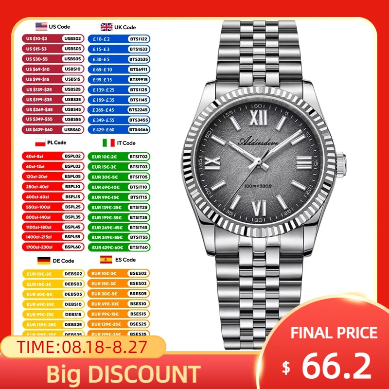 

ADDIESDIVE Waterproof Luminous WristWatches For Men VH31 Sapphire Glass Calendar Display New Man Quartz Watch 36MM Reloj Hombre