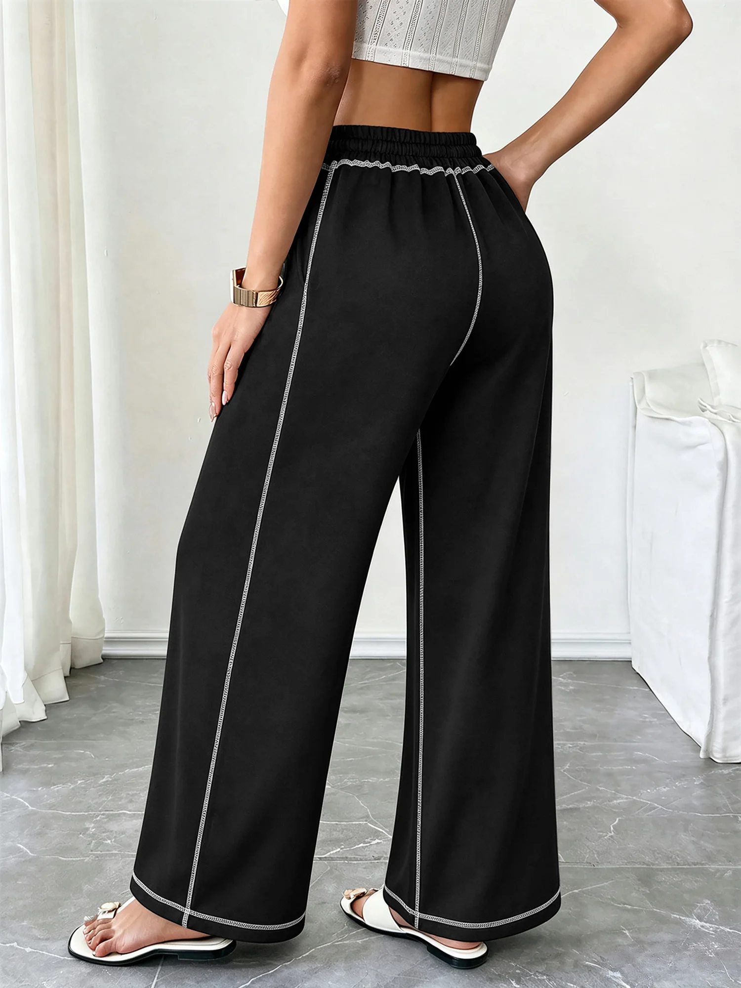 Ladies Loose Fit Wide Leg Jogging Pants Contrast Seam Decor Solid Color Elastic Waist Daily Wear Sweatpants