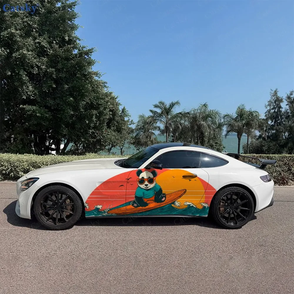 2pcs Panda In Surfing Stickers Car Body Door Side Two Fashionable Stickers Two Decorations Car Vinyl Wraps