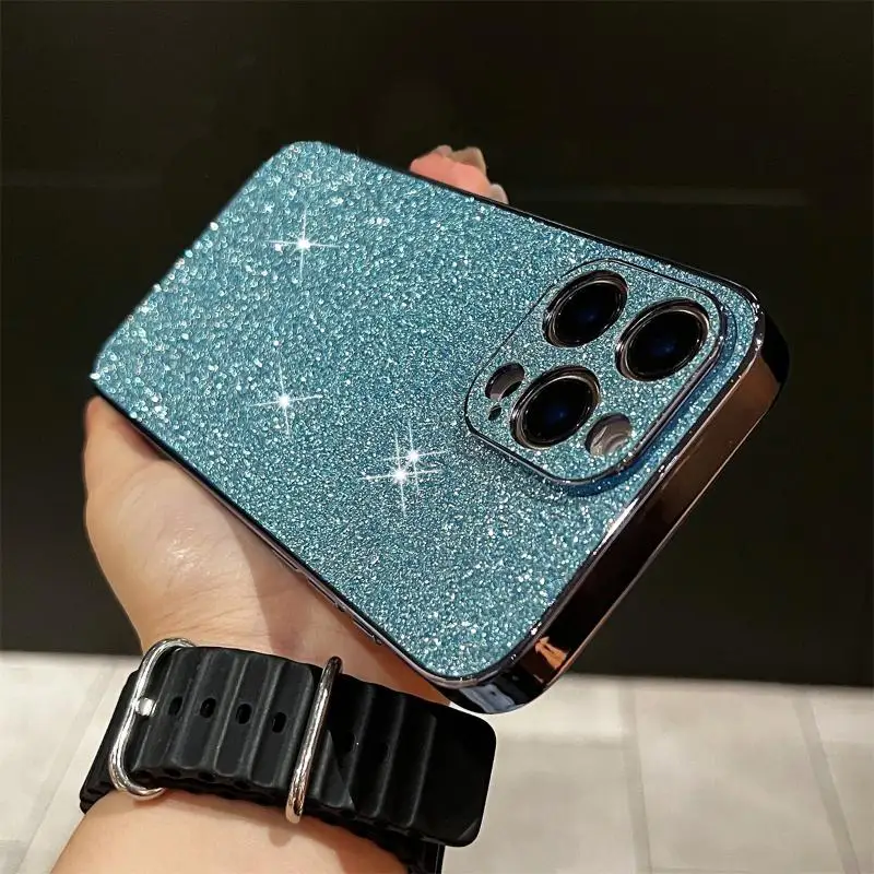 حافظة هاتف لامعة مطلية بالكهرباء لهاتف آيفون 15 بلس 16 14 13 12 برو ماكس غطاء خلفي لامع مقاوم للصدمات