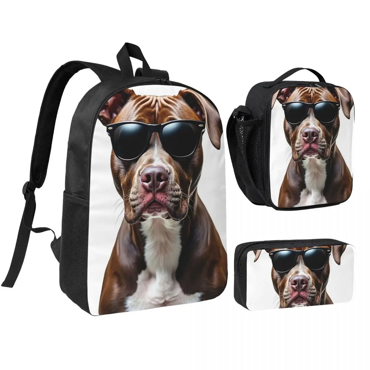 

Funny Cool Pitbull Wearing Sunglasses Backpack Boys Girls BookBag School Bag Shoulder Bags 3ps Insulated Lunch Bag Pencil Case