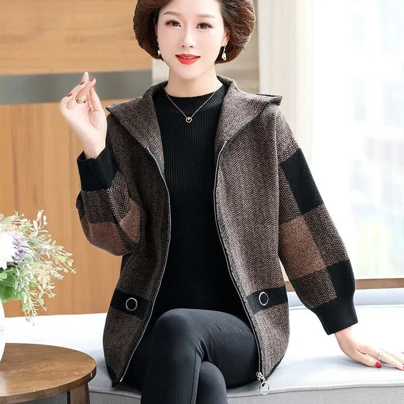 2023 Autumn Winter New Style on Clothes Middle-aged Women\'s Cardigan Middle-aged Elderly Hooded Coat 40 Years old 50 Solid Color