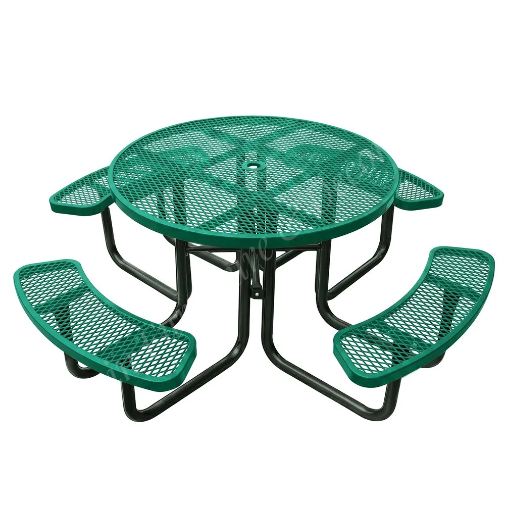 Heavy Duty Expanded Metal Commercial Grade Outdoor Weatherproof Picnic Table with Bench Outside Steel Round Dining Table