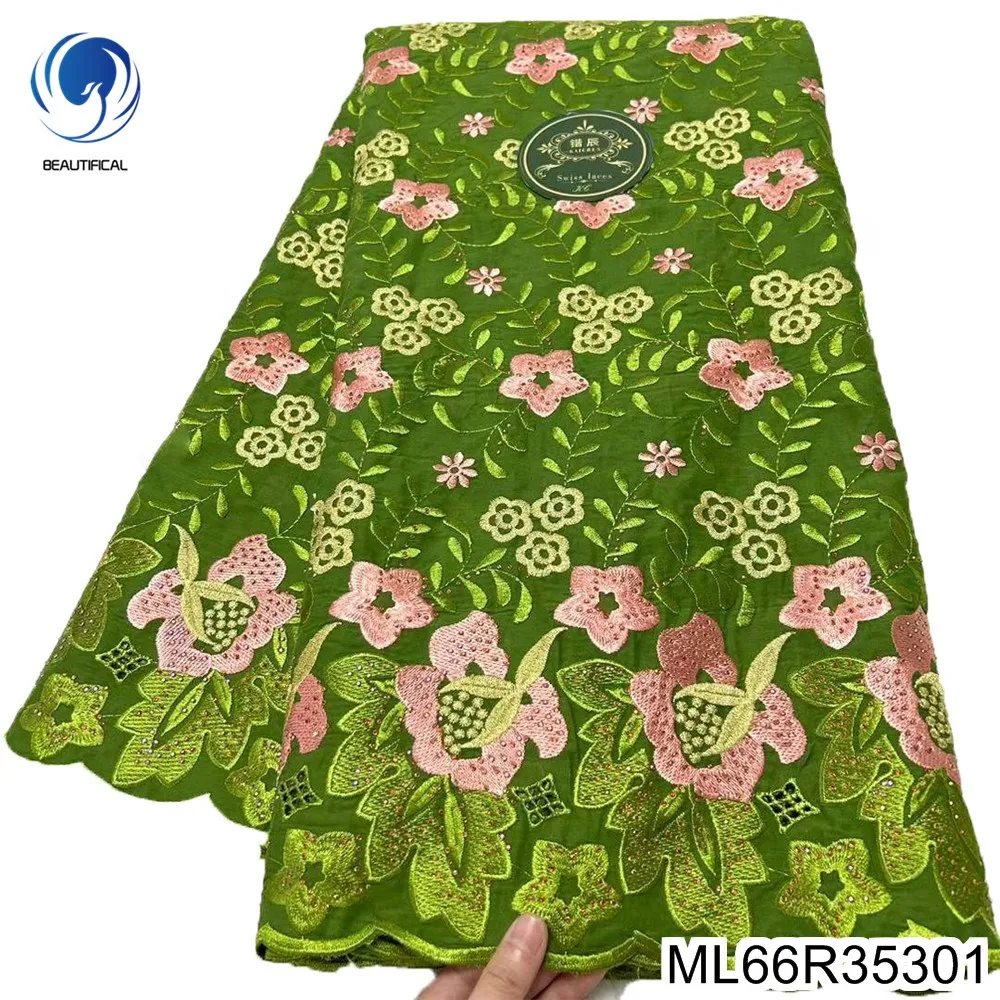 

Bright Green Grass Lace , Cotton Cloth Embroidery and Rhinestones, Nigerian Swiss Voile Fabric, Big Occasion Dress , ML66R353