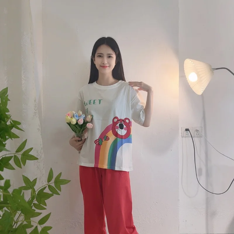 Pyjama à col rond ours fraise, ensemble pantalon à manches courtes, dessin animé Sanrio, doux et décontracté, vêtements de maison, printemps et été