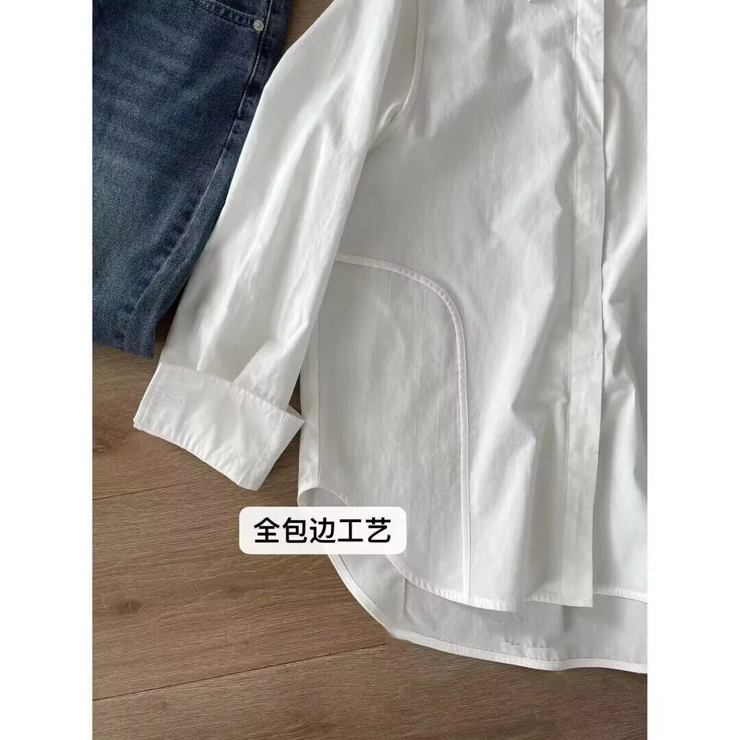 White Lapel Collar Solid Color Shirt Women 2024 Spring Loose Design Sense Niche French Unique Casual Long Sleeved Forking Tops