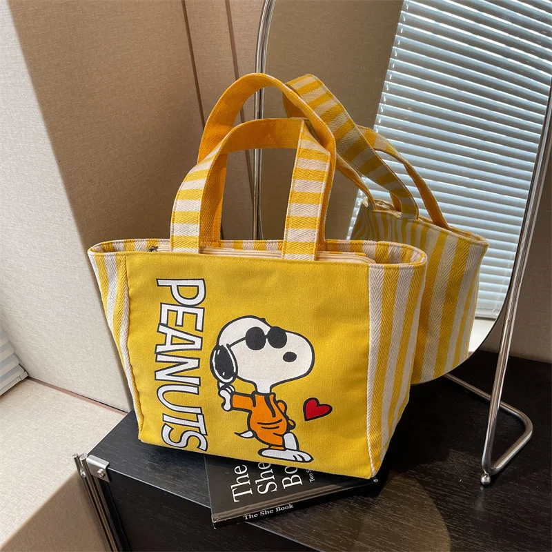 

Kawaii Spring and Summer Canvas Bag Women's Large Capacity Snoopy Hand-carrying Bento Shopping Bag Mommy Striped Tote Bag