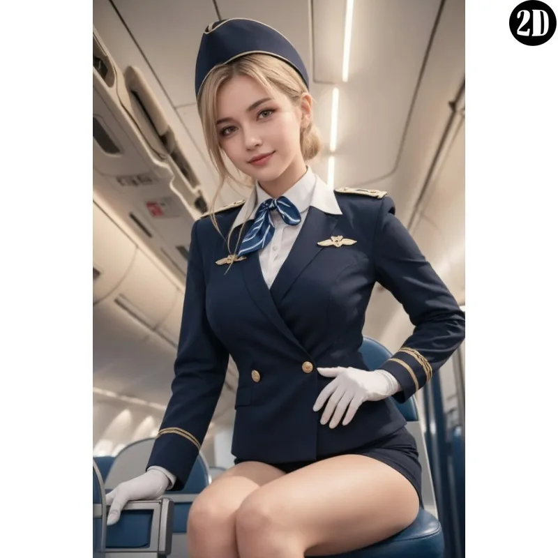 Vintage Metal Tin Sign, Blonde Stewardess Navy Uniform Airplane Cabin Indoor Portrait Wall Decor