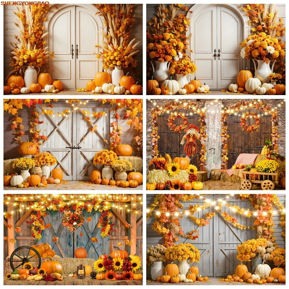 

Autumn Barn Backdrop for Photography Farm Wooden Door Fall Maple Leave Pumpkin Thanksgiving Party Baby Portrait Photo Background