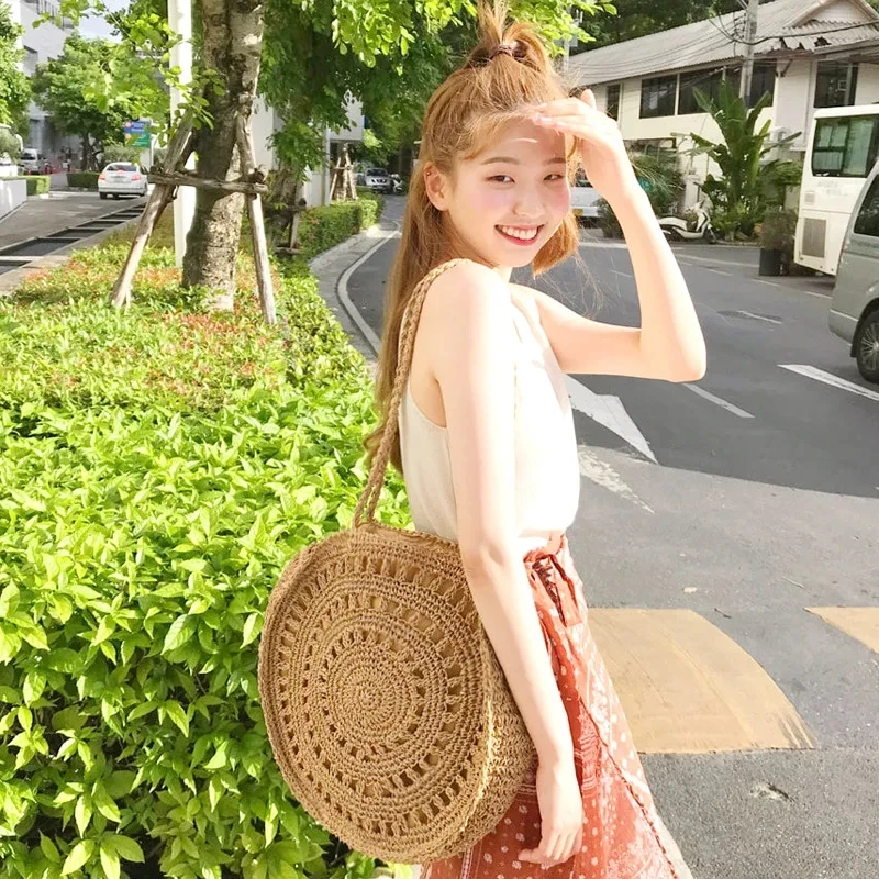 Summer Rattan Knitted Underarm Shoulder Bag Bohemian Straw Woven Shopper Tote for Women Circle Beach Bag Handmade Travel Handbag