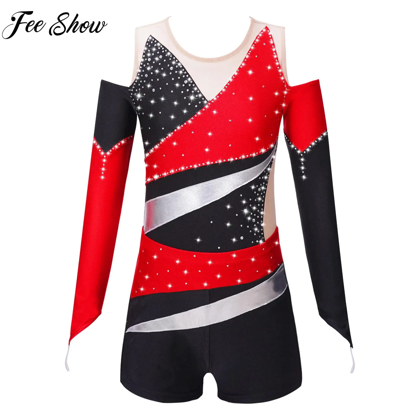 

Kids Girls Shiny Rhinestone Dancewear Ballet Dance Sets Long Sleeve Gymnastics Dance Leotards with Shorts Skating Dance Costume