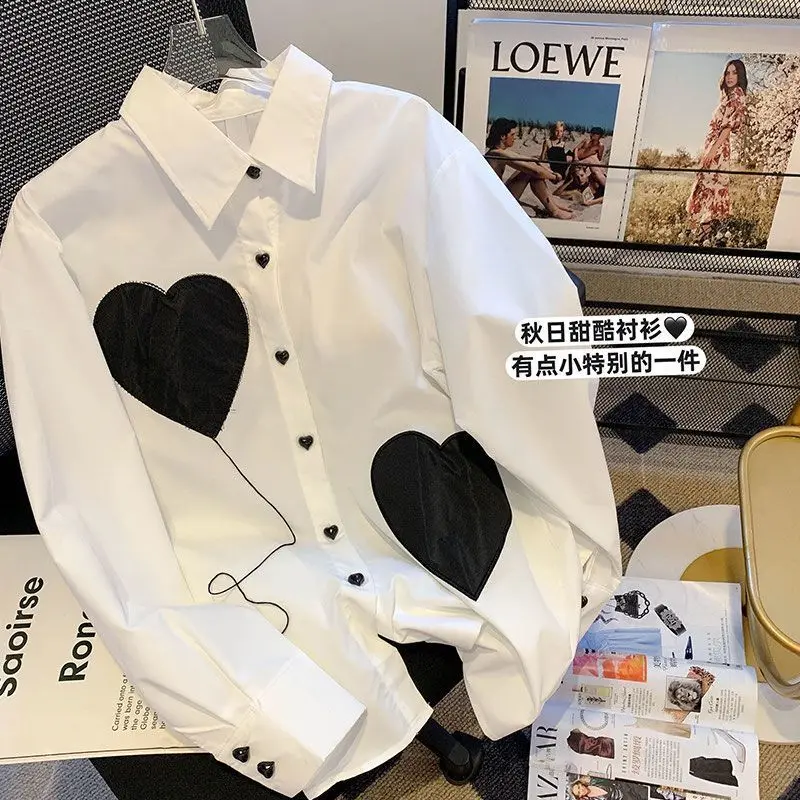 

Loose Large Size 300 Pounds Love Design POLO Collar Shirt for Women 2025 New Spring Autumn Fashionable Shirt Female Blouse